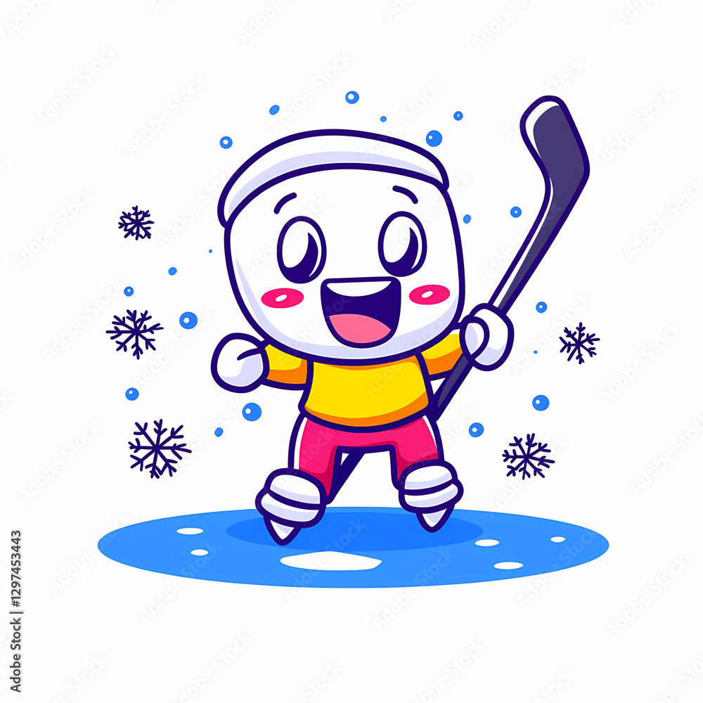 cheerful ice hockey character skating on ice with snowflakes around cheerful ice hockey character skating on ice with snowflakes around
