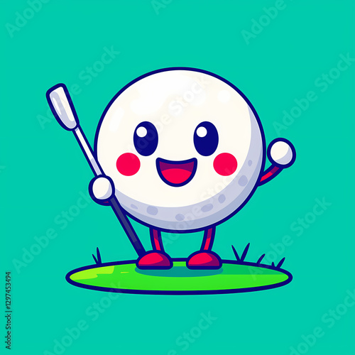 cheerful golf ball character with arms and legs holding club