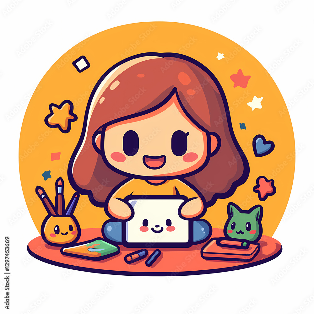 Obraz premium cheerful kawaii style girl drawing on canvas surrounded by art supplies