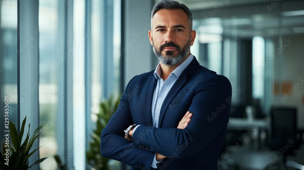 Fototapeta premium Confident executive in navy blazer embodies leadership and professionalism. 