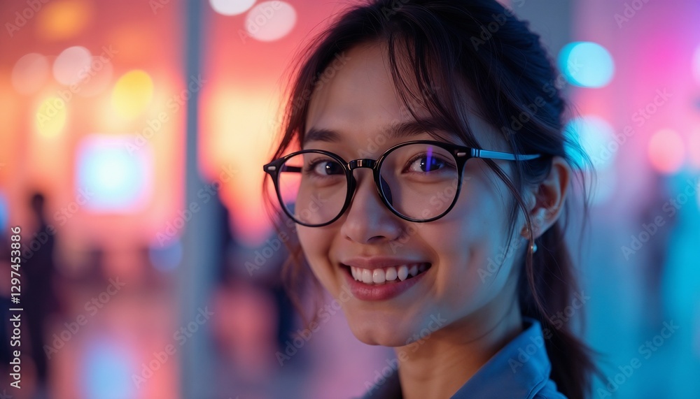 Smiling woman with glasses at a vibrant night event. Smiling woman with glasses at a vibrant night event.