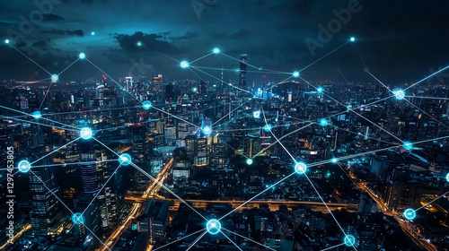 Smart City Network Illuminated Nighttime Metropolis with Connected Nodes