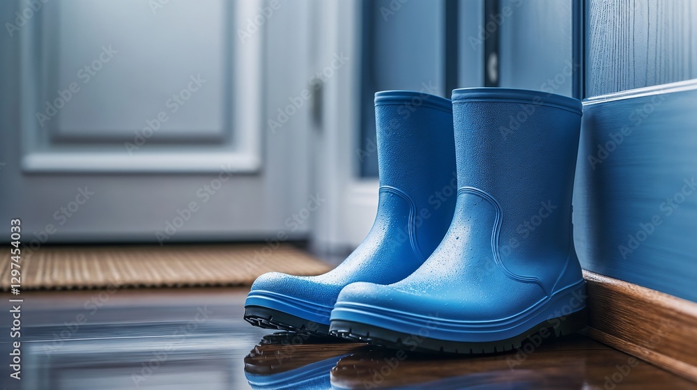 Obraz premium Blue rubber rain boots on a wet floor near the door.