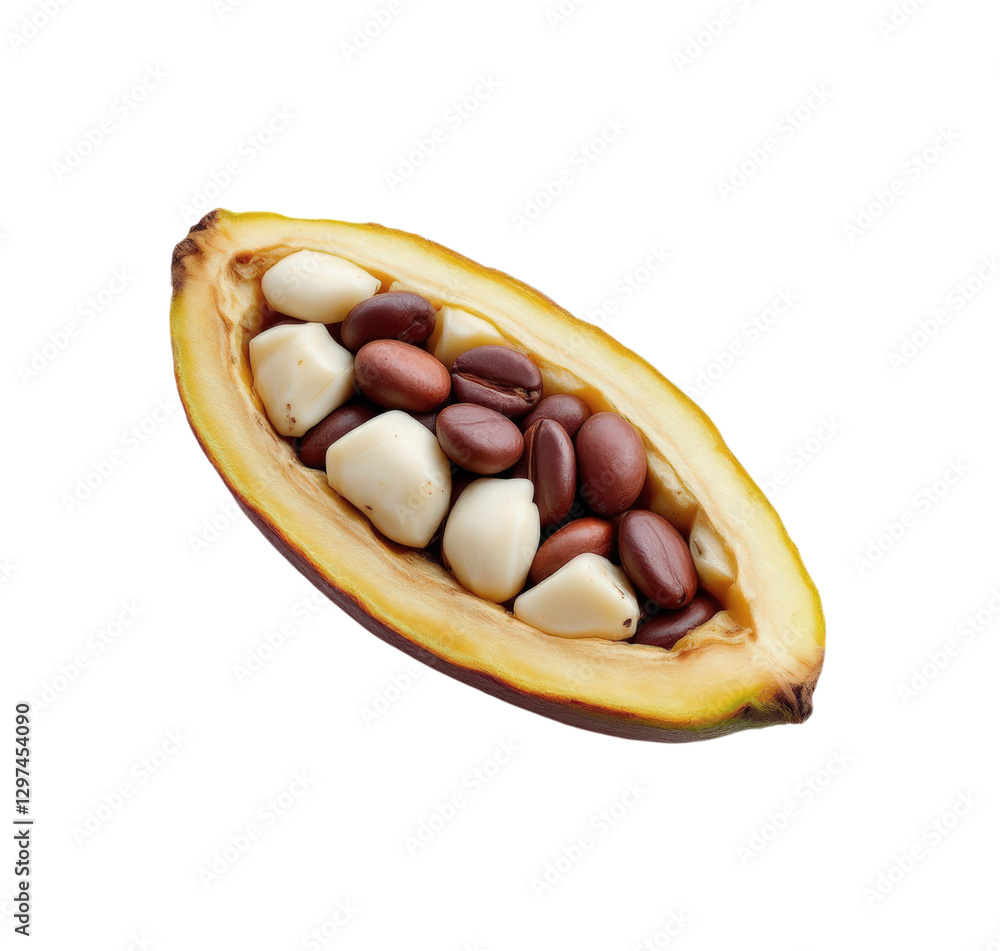 Half-Opened Cocoa Pod Displaying a Rich Assortment of Beans for Chocolate Production, Isolated on Transparent and White Background Half-Opened Cocoa Pod Displaying a Rich Assortment of Beans for Chocolate Production, Isolated on Transparent and White Background