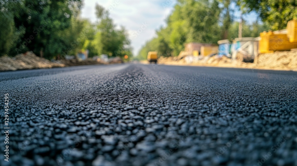 Freshly paved asphalt road with trees and construction in background Freshly paved asphalt road with trees and construction in background