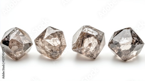 Raw uncut diamonds on white surface showcasing natural geometric forms