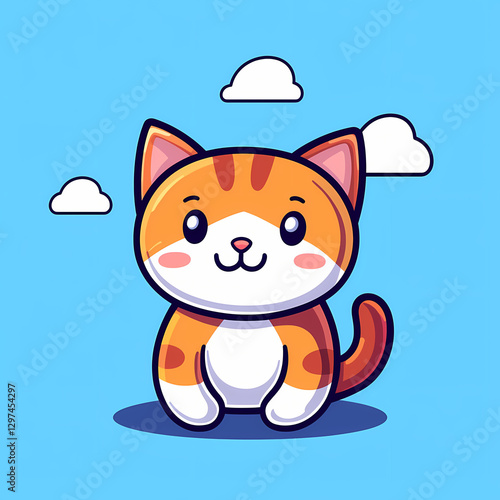 Kawaii orange cat illustration with clouds in blue background