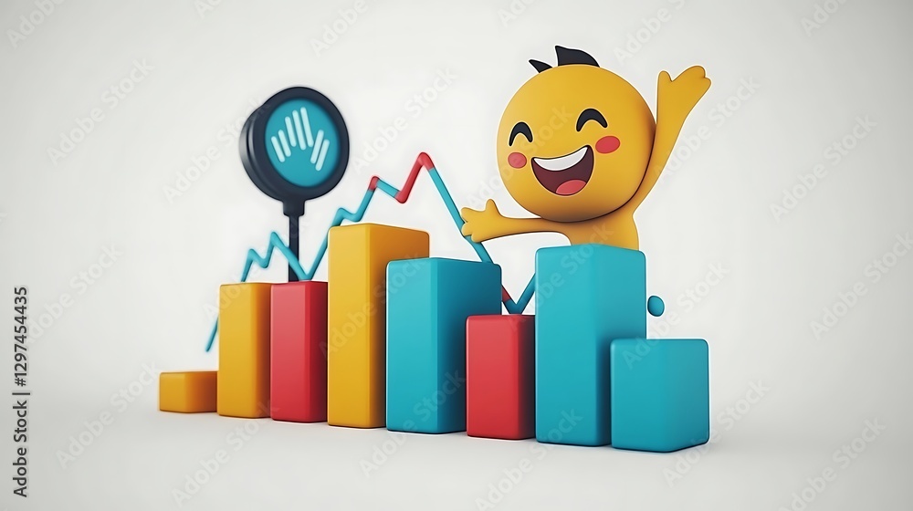 A bright spotlight falls on a cluster of bar charts, each with a friendly face and arms raised in celebration, representing successful returns. The white background ensures the characters and A bright spotlight falls on a cluster of bar charts, each with a friendly face and arms raised in celebration, representing successful returns. The white background ensures the characters and