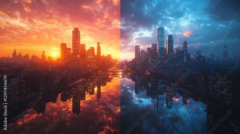 Fototapeta premium Dramatic city skyline split between day and night.