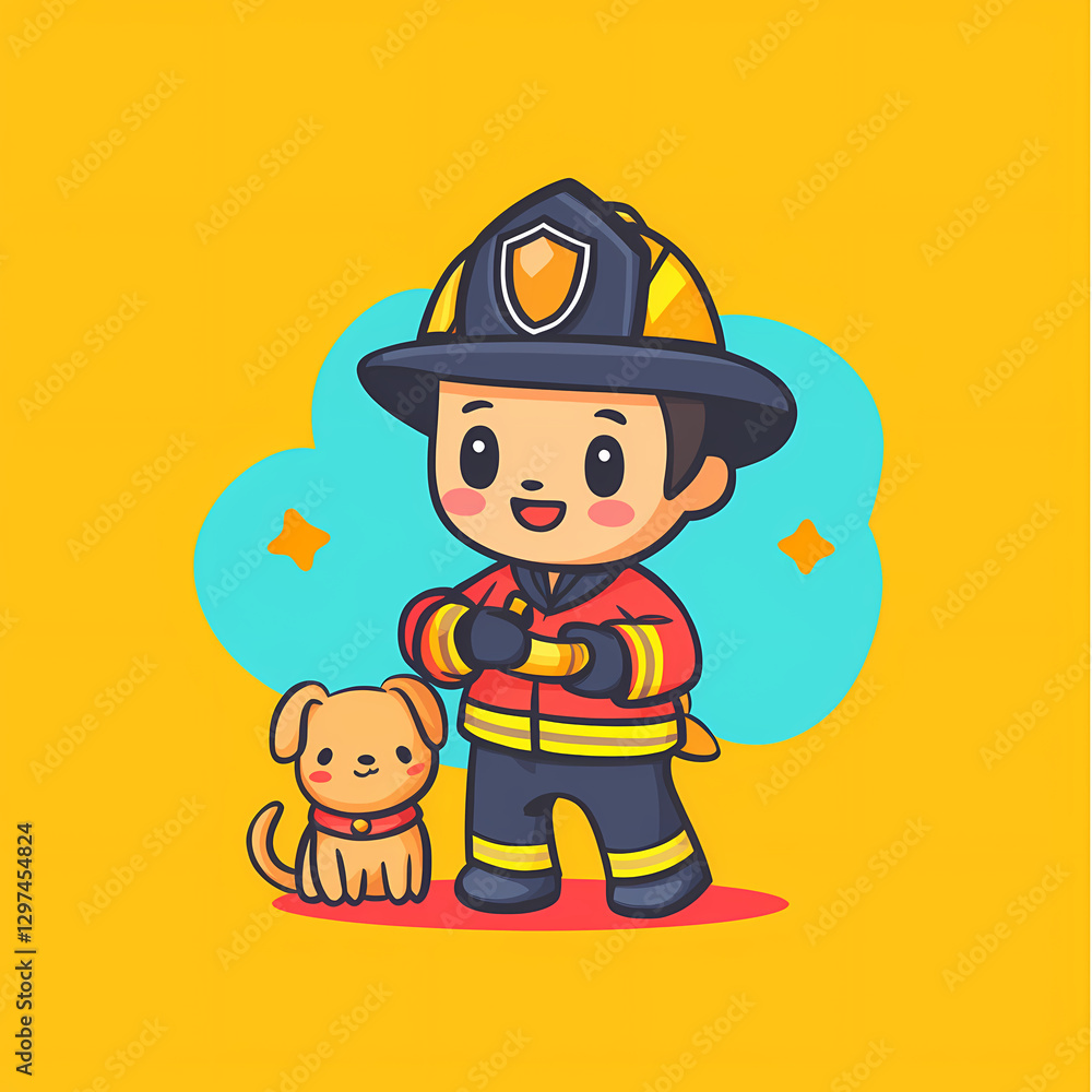 Cute firefighter character with dog on bright background Cute firefighter character with dog on bright background