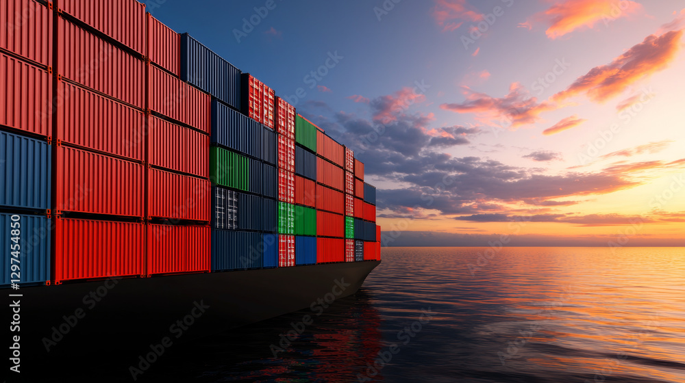 Fototapeta premium cargo ship with colorful containers sails on ocean at sunset, reflecting vibrant hues