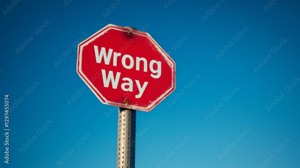 Red wrong way sign on metal pole against clear blue sky Red wrong way sign on metal pole against clear blue sky