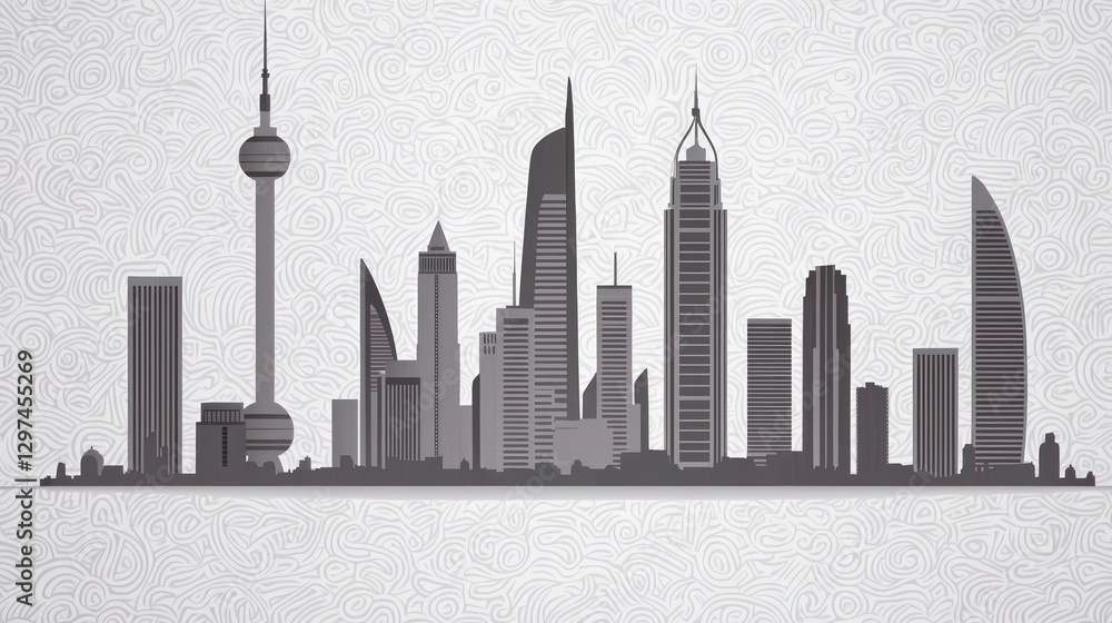 Naklejka premium Silhouette of a modern city skyline featuring iconic skyscrapers against a textured background