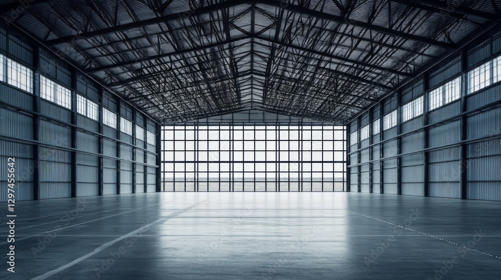Spacious industrial warehouse interior with steel beams and large windows Spacious industrial warehouse interior with steel beams and large windows
