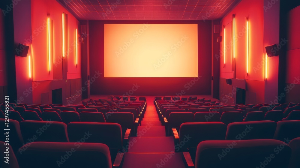 Fototapeta premium Empty movie theater with rows of seats and illuminated screen