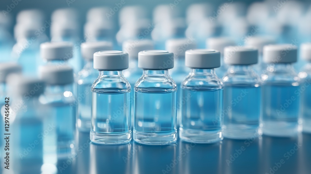 Row of transparent medical vials with blue liquid for vaccine research and pharmaceutical purposes Row of transparent medical vials with blue liquid for vaccine research and pharmaceutical purposes