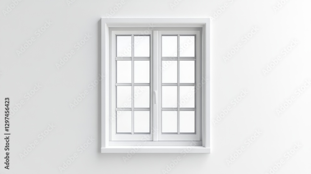 White framed window with grid design on plain wall White framed window with grid design on plain wall