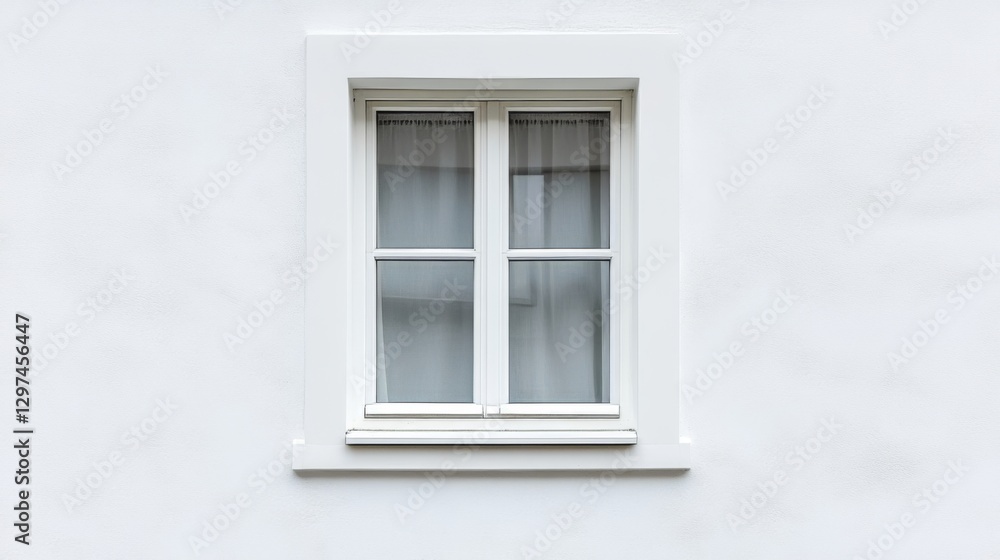 White framed window on minimalist white wall with sheer curtains White framed window on minimalist white wall with sheer curtains