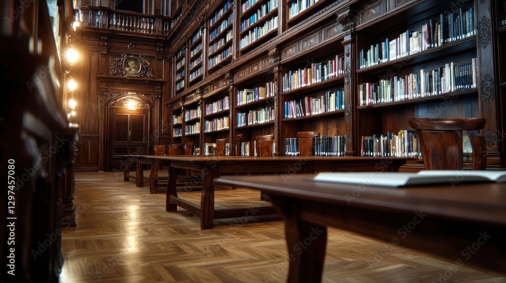 Elegant interior of a historic library with wooden furniture and rows of bookshelves in view Elegant interior of a historic library with wooden furniture and rows of bookshelves in view