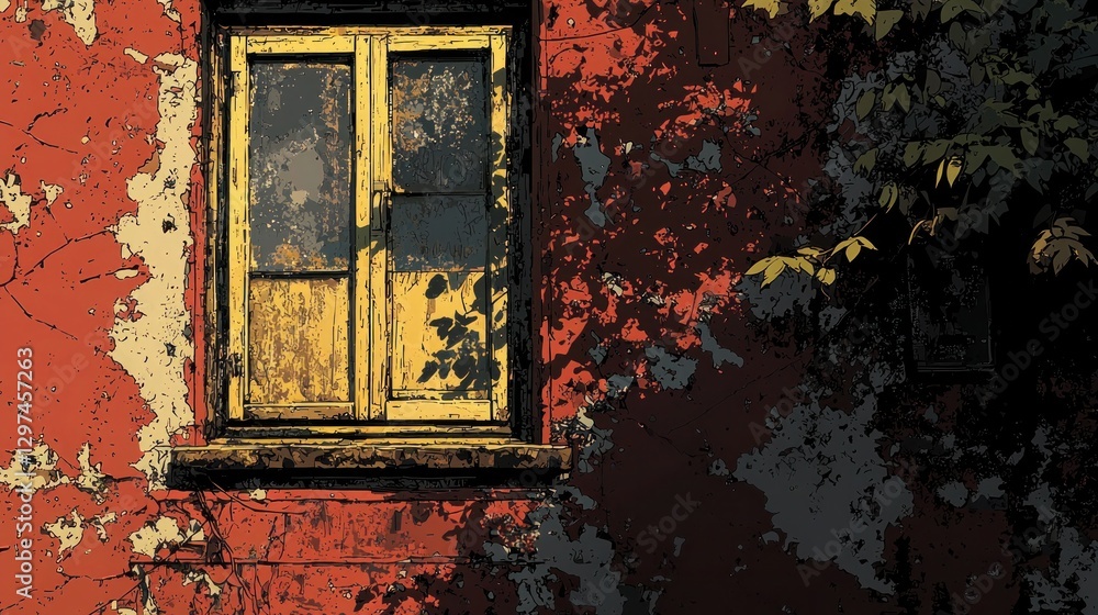 Naklejka premium Urban Grit - Distressed Texture of Crumbling Plaster with Exposed Bricks in 2D Flat Illustration