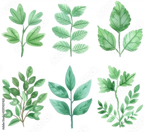 Watercolor Green Leaves Collection Botanical Illustrations Six Different Branches Nature Foliage Design Elements
