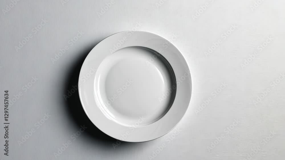 Simple white plate centered on a textured gray background creating a minimalist aesthetic Simple white plate centered on a textured gray background creating a minimalist aesthetic