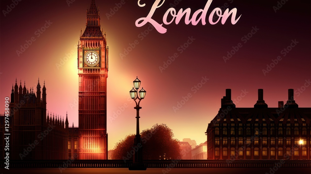 Fototapeta premium Stunning illustration of London's Big Ben at sunset with glowing lights and serene ambiance