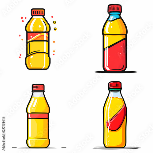 Brightly colored sports drink bottles with unique designs and labels