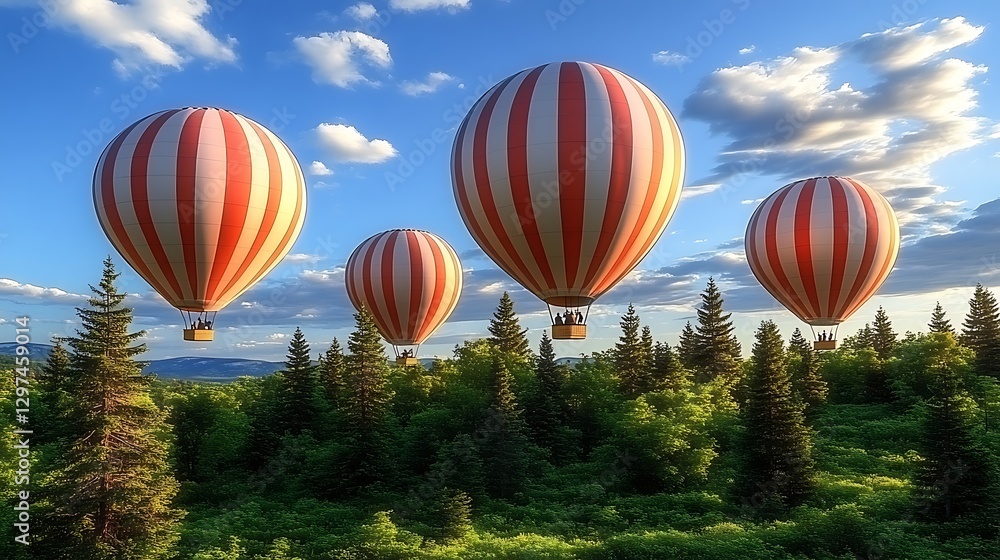 Fototapeta premium A playful depiction of a balloon race, each balloon featuring a line chart, with the highest balloon showing the steepest climb. The scene’s white backdrop emphasizes each chart’s color, while 