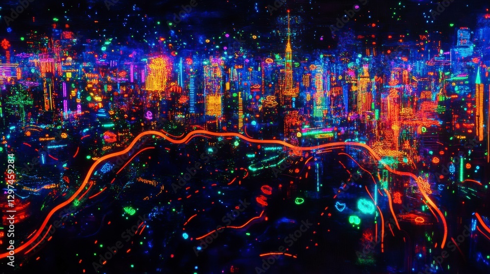Fototapeta premium Neon Cityscape: A vibrant, abstract aerial view of a modern metropolis illuminated by a dazzling array of neon lights, showcasing the energy and excitement of urban life at night. 