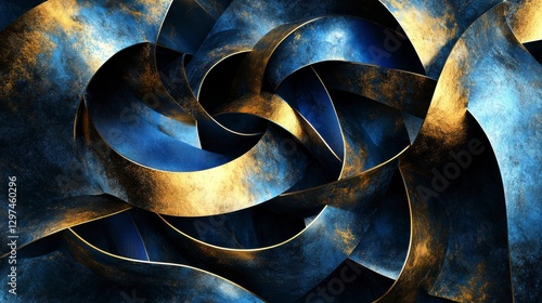 Swirling Abstract: A mesmerizing abstract artwork composed of flowing ribbons in deep blue and shimmering gold, creating a sense of dynamic movement and intricate design. 