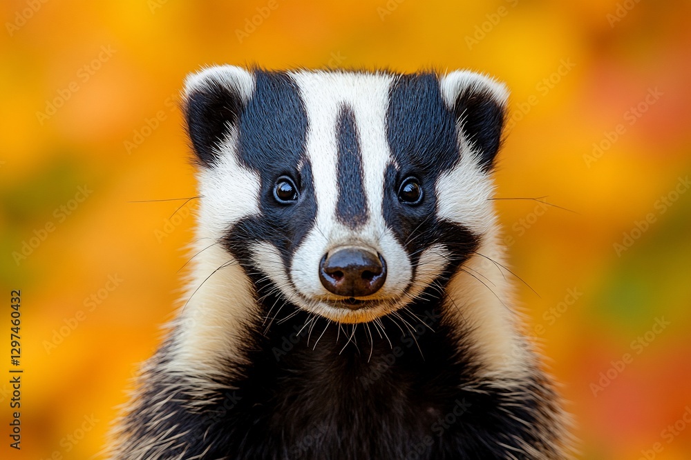 Badger portrait, autumn leaves background, wildlife, nature Badger portrait, autumn leaves background, wildlife, nature