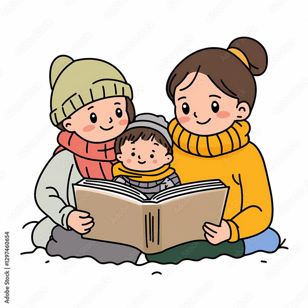 Cozy family reading storybook together in winter attire, enjoying time Cozy family reading storybook together in winter attire, enjoying time