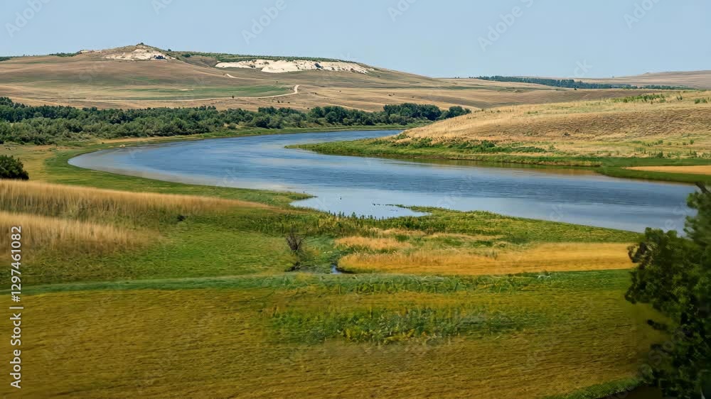 Serene river winding through green meadows and hills on a clear day in the countryside Serene river winding through green meadows and hills on a clear day in the countryside