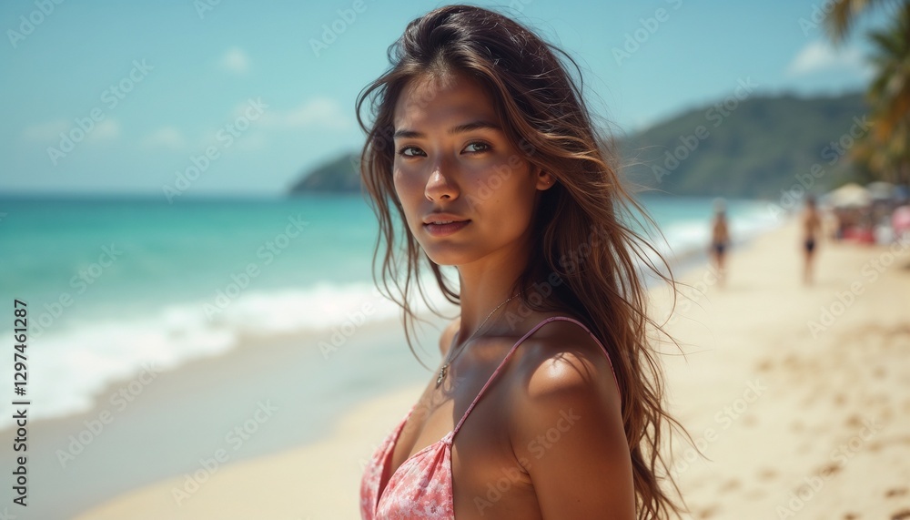 A confident woman in a white bikini enjoys a bright day at a tropical beach. The turquoise ocean and white clouds enhance the scenic beauty, creating a relaxing and serene atmosphere.
A confident woman in a white bikini enjoys a bright day at a tropical beach. The turquoise ocean and white clouds enhance the scenic beauty, creating a relaxing and serene atmosphere.