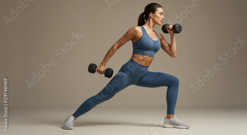 Athletic woman in activewear working out with dumbbells in a dynamic pose, emphasizing strength and focus.

