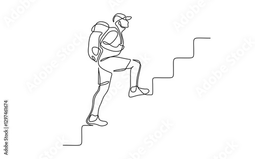 Man climbs the stairs in one continuous line drawing. Concept symbol of career success and achieving goals in simple linear style. Leadership development Editable stroke. Doodle vector illustration