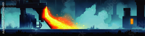 Futuristic Industrial Landscape Art Vector: Vibrant Molten Metal Flow in Modern Steel Factory with Atmospheric Glow and Dark Contrasts for Creative Design Inspiration