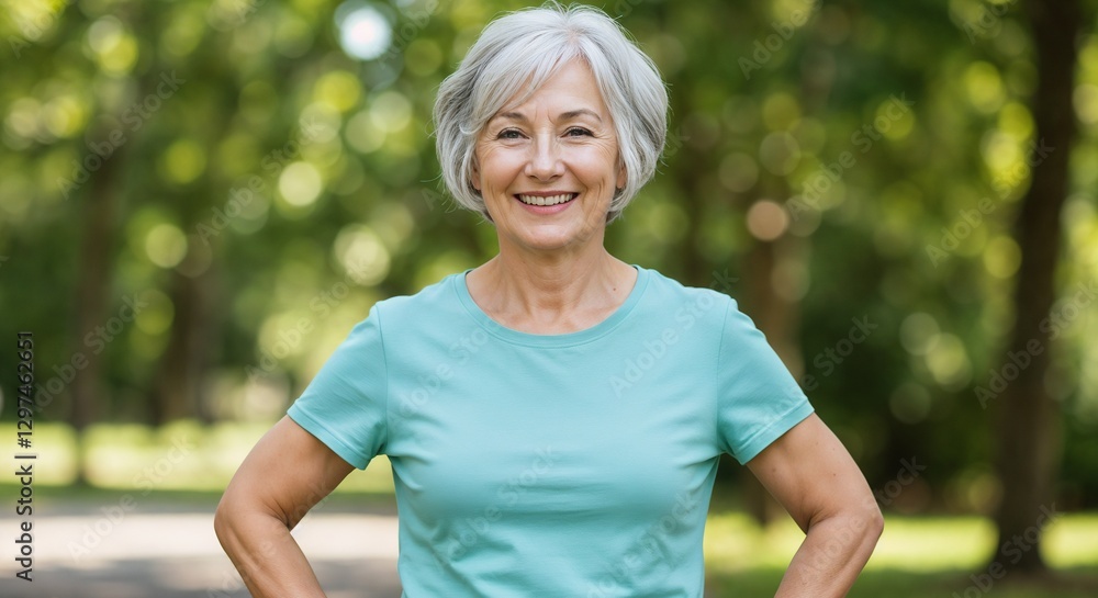 A beautiful senior woman with a radiant smile enjoys the outdoors, conveying happiness and confidence while wearing a turquoise shirt in a sunny natural environment.
A beautiful senior woman with a radiant smile enjoys the outdoors, conveying happiness and confidence while wearing a turquoise shirt in a sunny natural environment.