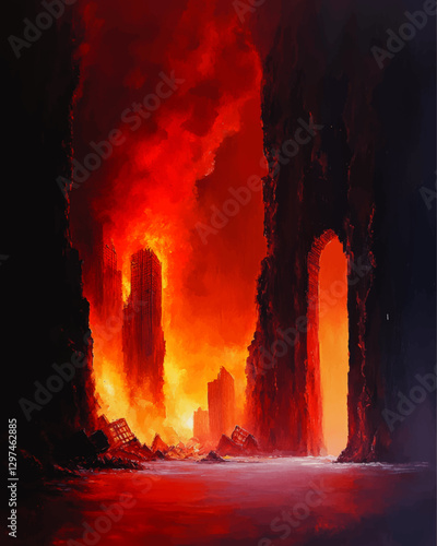 Dramatic Apocalyptic Cityscape Vector Art: Fiery Skies with Burning Skyline, Archway, and Ruins – Intense Red and Orange Hues Illustrating Urban Desolation