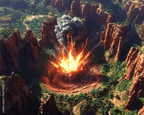 Dramatic Volcanic Eruption in Canyon Landscape - Explosive Vector Art Illustration of Fiery Explosion Amidst Towering Red Rock Cliffs and Lush Greenery