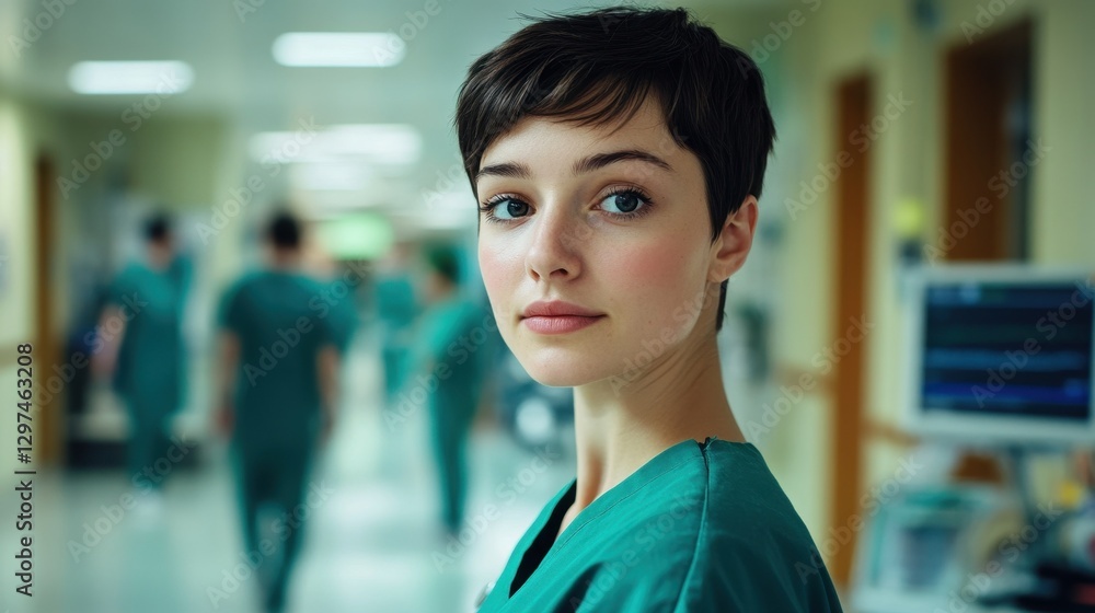 Fototapeta premium A young woman with short hair is seen in a hospital setting, wearing scrubs. Her serious expression conveys dedication and professionalism in the healthcare field.