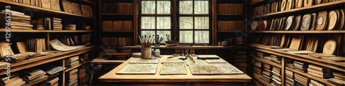 Explore a Vintage Library with Wooden Bookshelves, Old Books, and Artistic Maps on a Wooden Table in Natural Light for Historical Research and Inspiration