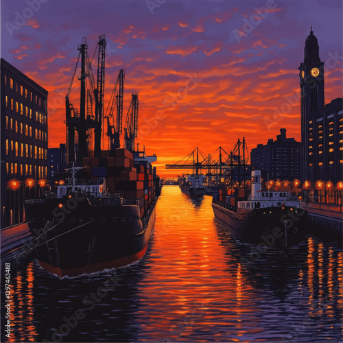 Captivating Harbor Vector Image of Cargo Ships with Cranes at Sunset: Serene Water Reflection and Clock Tower in Urban Port Setting for Shipping Industry Insights