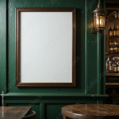 mockup poster cuadro exhibidor en blanco en la pared de una taberna irlandesa junto a un farol