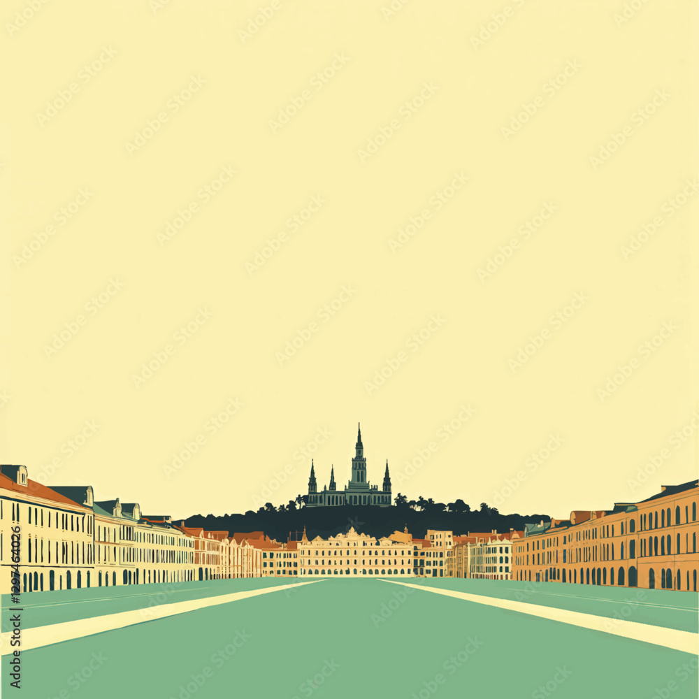 Stunning Vector Art of Historical European Cityscape with Majestic Hilltop Cathedral and Elegant Architecture, Featuring Vintage Pastel Colors and Scenic Promenade Stunning Vector Art of Historical European Cityscape with Majestic Hilltop Cathedral and Elegant Architecture, Featuring Vintage Pastel Colors and Scenic Promenade