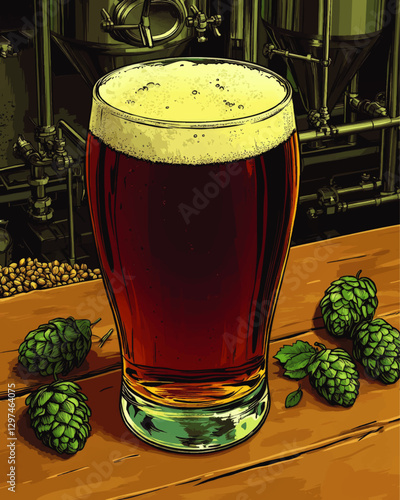 Detailed Vector Illustration of a Rich Amber Beer Glass with Foam, Hop Cones, and Brewing Equipment Background in a Rustic Brewery Setting