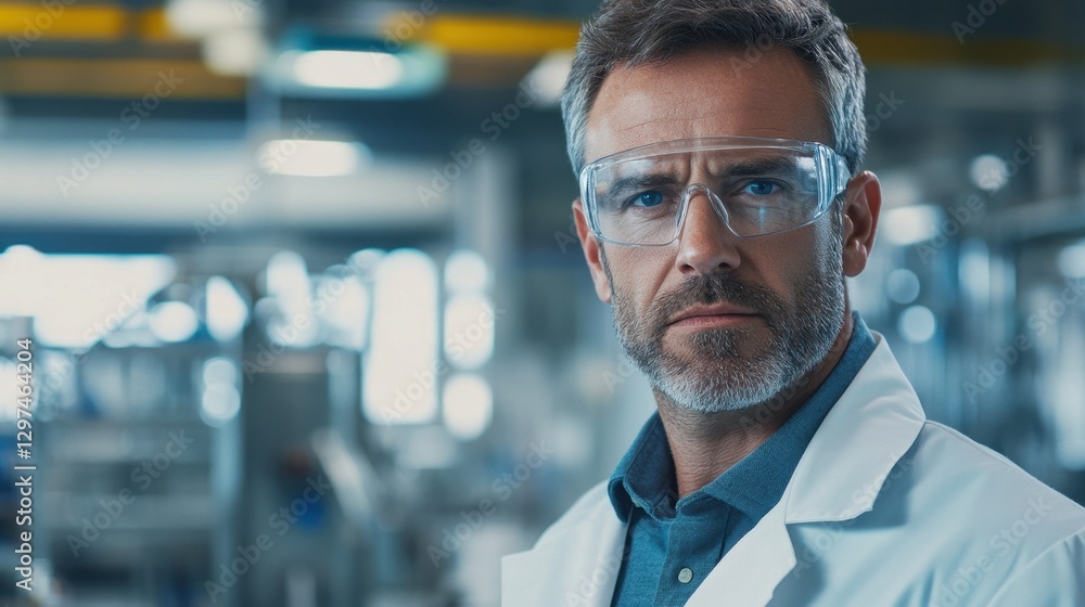Fototapeta premium A focused middle-aged European male engineer wearing glasses and a lab coat stands confidently in a modern industrial setting, showcasing his expertise.