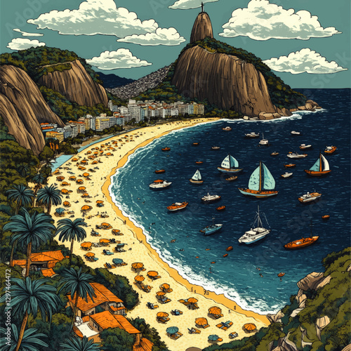 Stunning Vector Art of Idyllic Tropical Beach Scene with Sailboats, Palm Trees, Sandy Shoreline, Iconic Sugarloaf Mountain and Cityscape in Vibrant Summer Colors photo