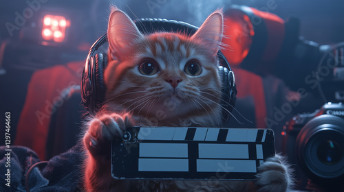 Cat wearing headphones holds a clapperboard in a vibrant film studio setting during nighttime